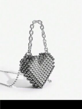 Metallic Silver Heart Beaded Mini Bag